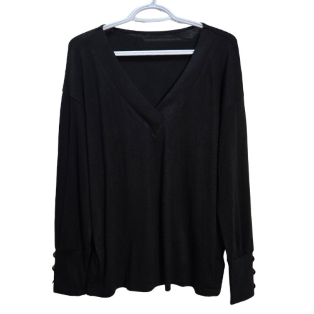 NWT | EyMuse Black V-Neck Long Sleeve Top | Button Cuff Detail | Size Medium